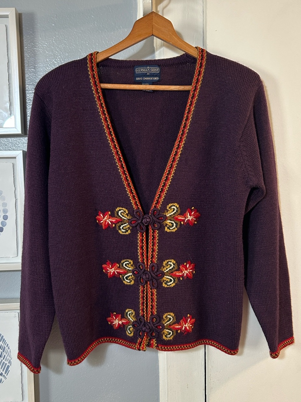 Vintage Wool Hand Embroidered Plum Women's Cardigan Sweater by Herman Geist Sz M